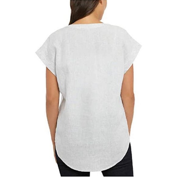 Adrienne Vittadini 100% Linen Blue White Striped Chambray Cap Sleeve Top Size M - Picture 2 of 14